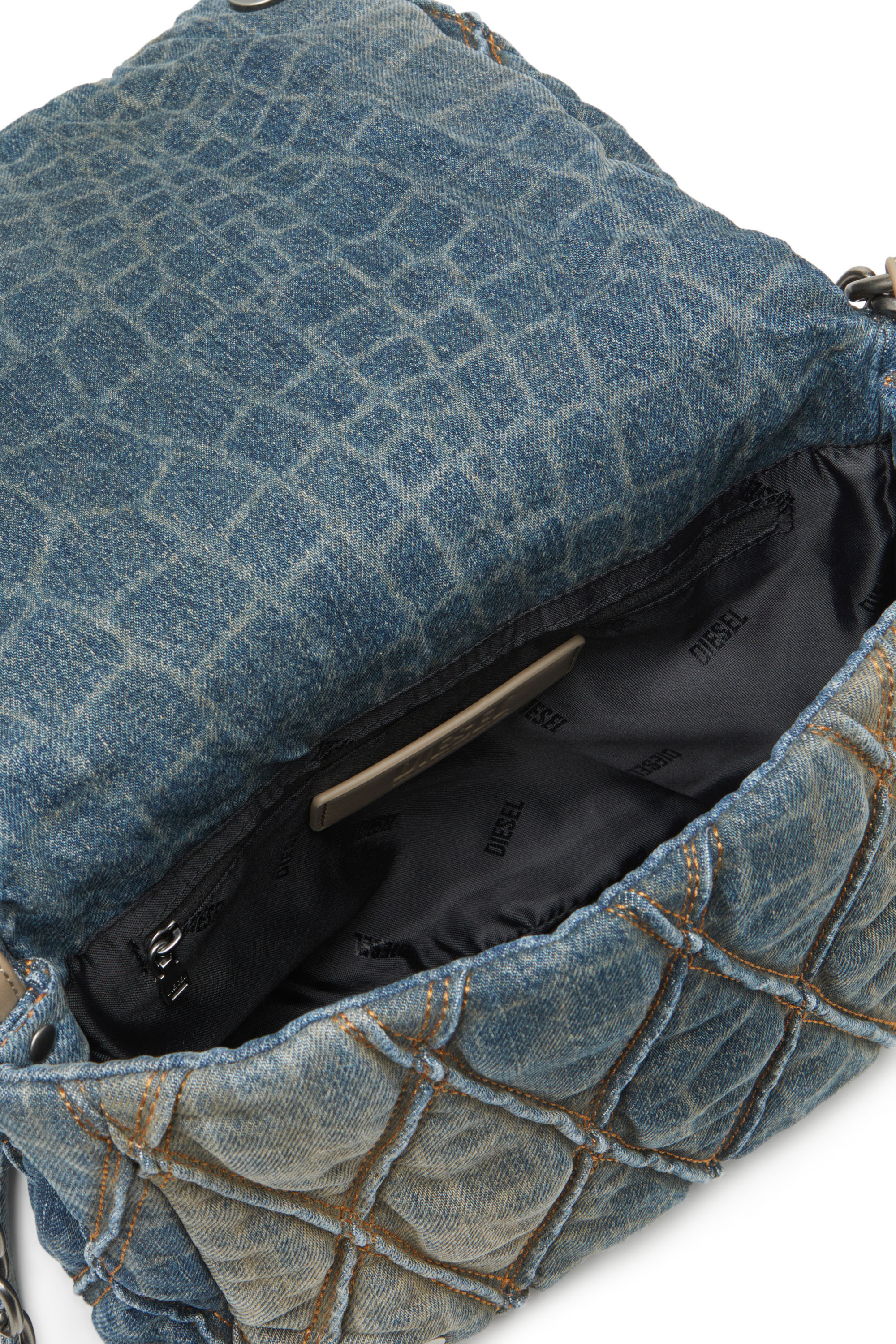 Diesel - CNY CHARM-D SHOULDER M, Woman's Shoulder bag in snake-print quilted denim in Blue - 3